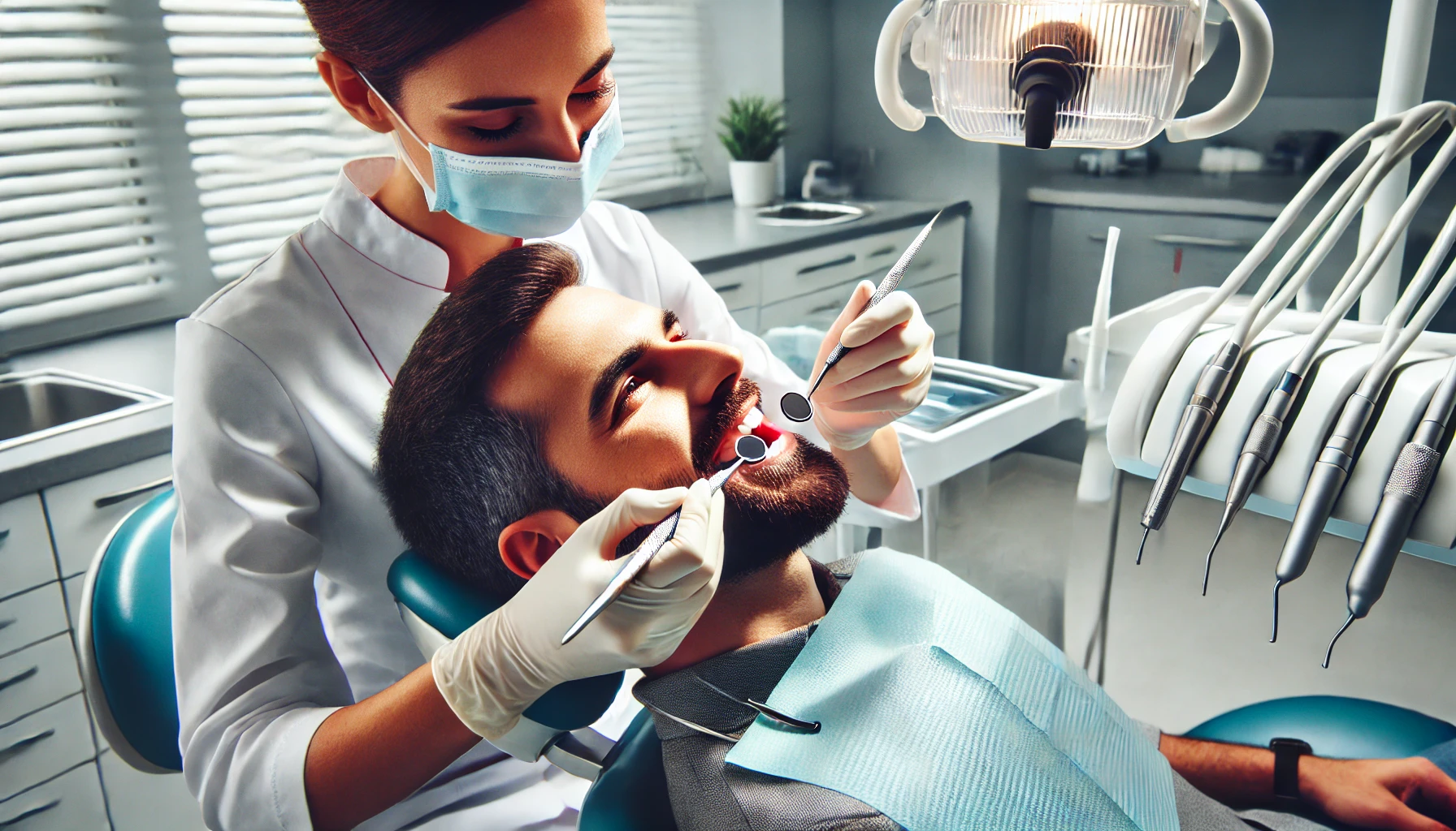 Tannlege utfører profesjonell tannrens på en pasient i en moderne klinikk, fjerner plakk og tannstein med spesialiserte verktøy."