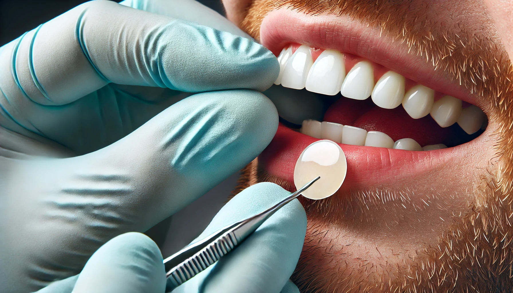 "En nærbilde av en tannbehandling som viser påføring av fasetter på tenner."