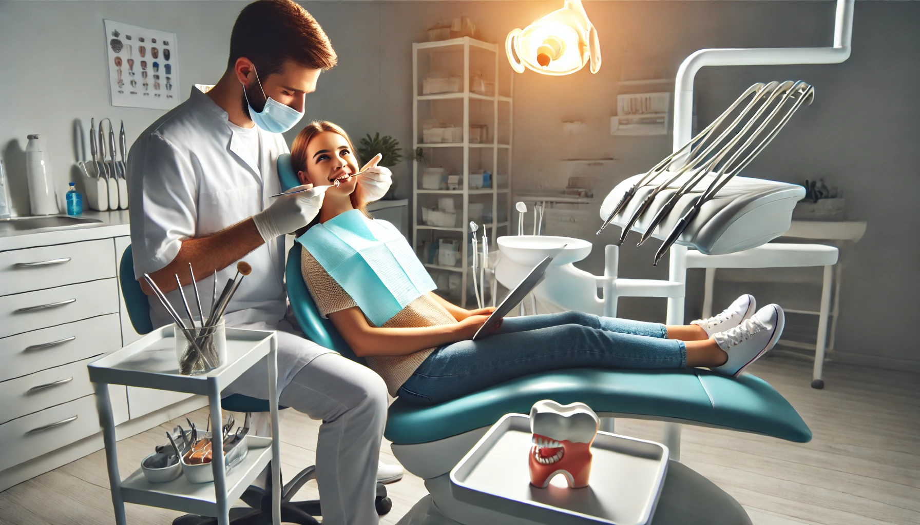 Pasient som sitter i tannlegekontor, tannlege forbereder seg til rutinemessig tannlegeundersøkelse.