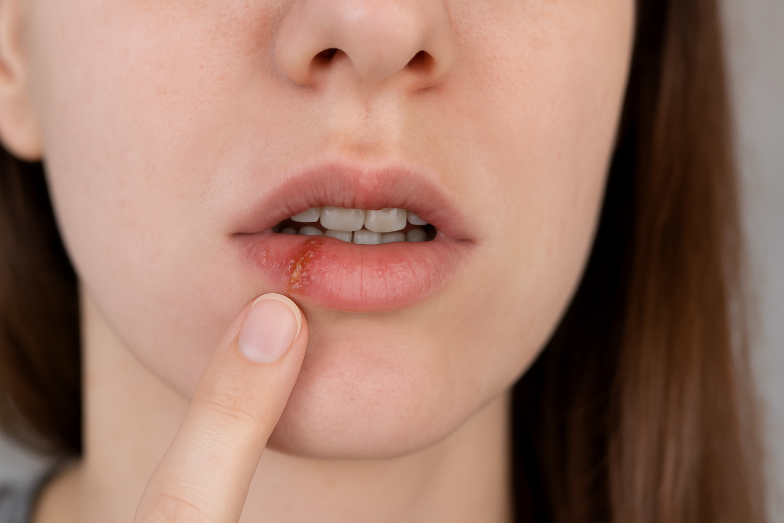 Nærbilde av et munnsår på underleppen til en kvinne med finger som peker mot det betente området.