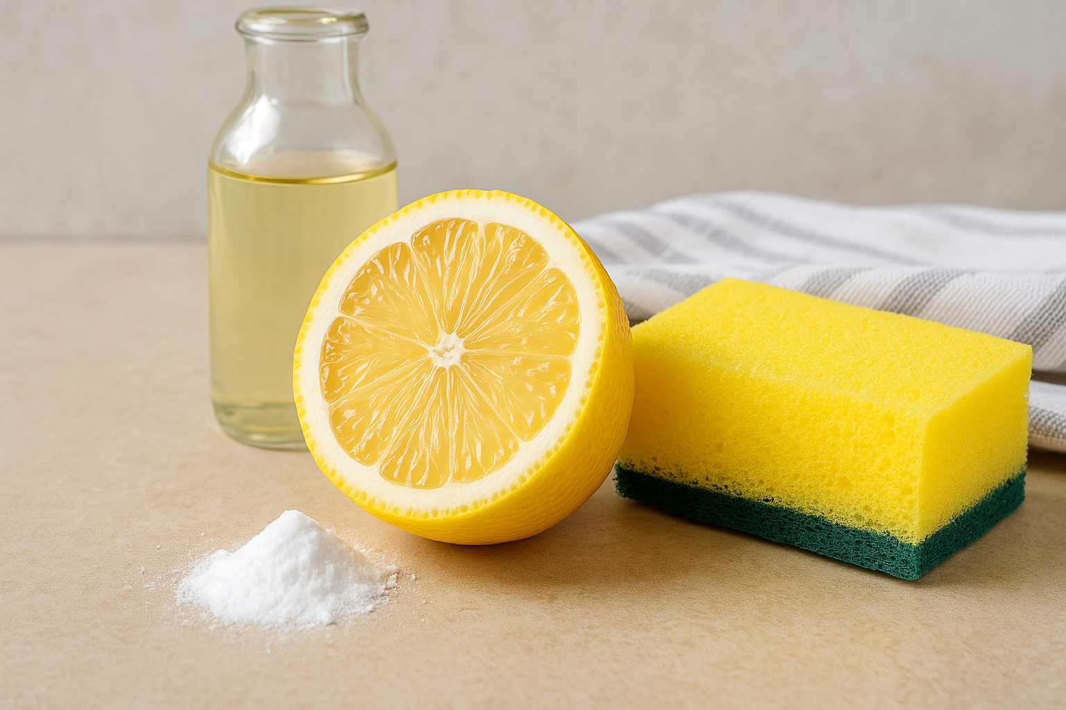 Sitron, natron og eddik på kjøkkenbenk – naturlige ingredienser brukt i velprøvde hjemmeråd for rengjøring og helse.