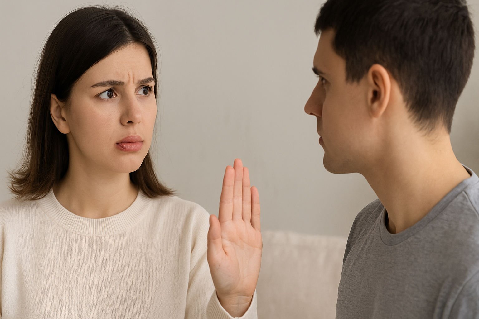 Kvinne med munnsår holder hånden opp for å unngå nærkontakt med mann for å forhindre smitte av viruset.