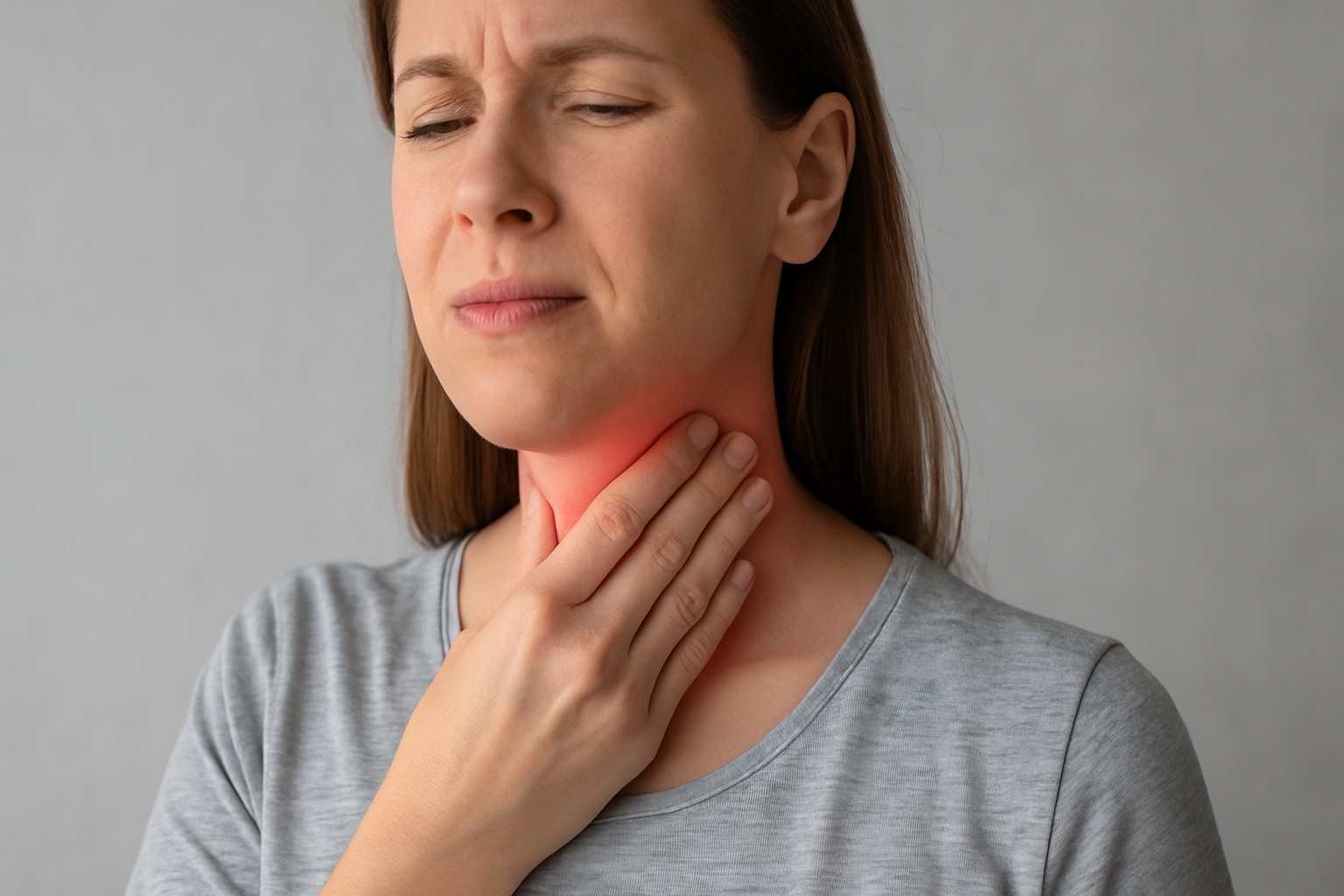 Kvinne med vond hals trykker på nakken og ser ut til å ha smerter i svelget, mulig halsinfeksjon eller blemmer.