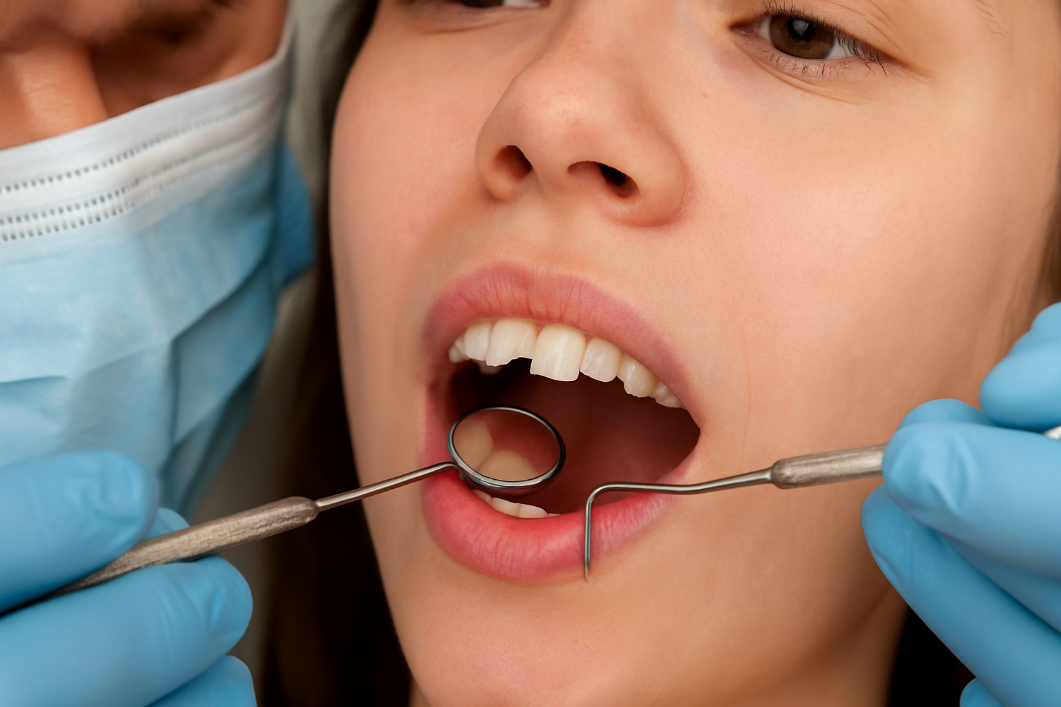 Tannlege undersøker brukket fortann hos pasient med åpnet munn under tannkontroll med speil og krok.