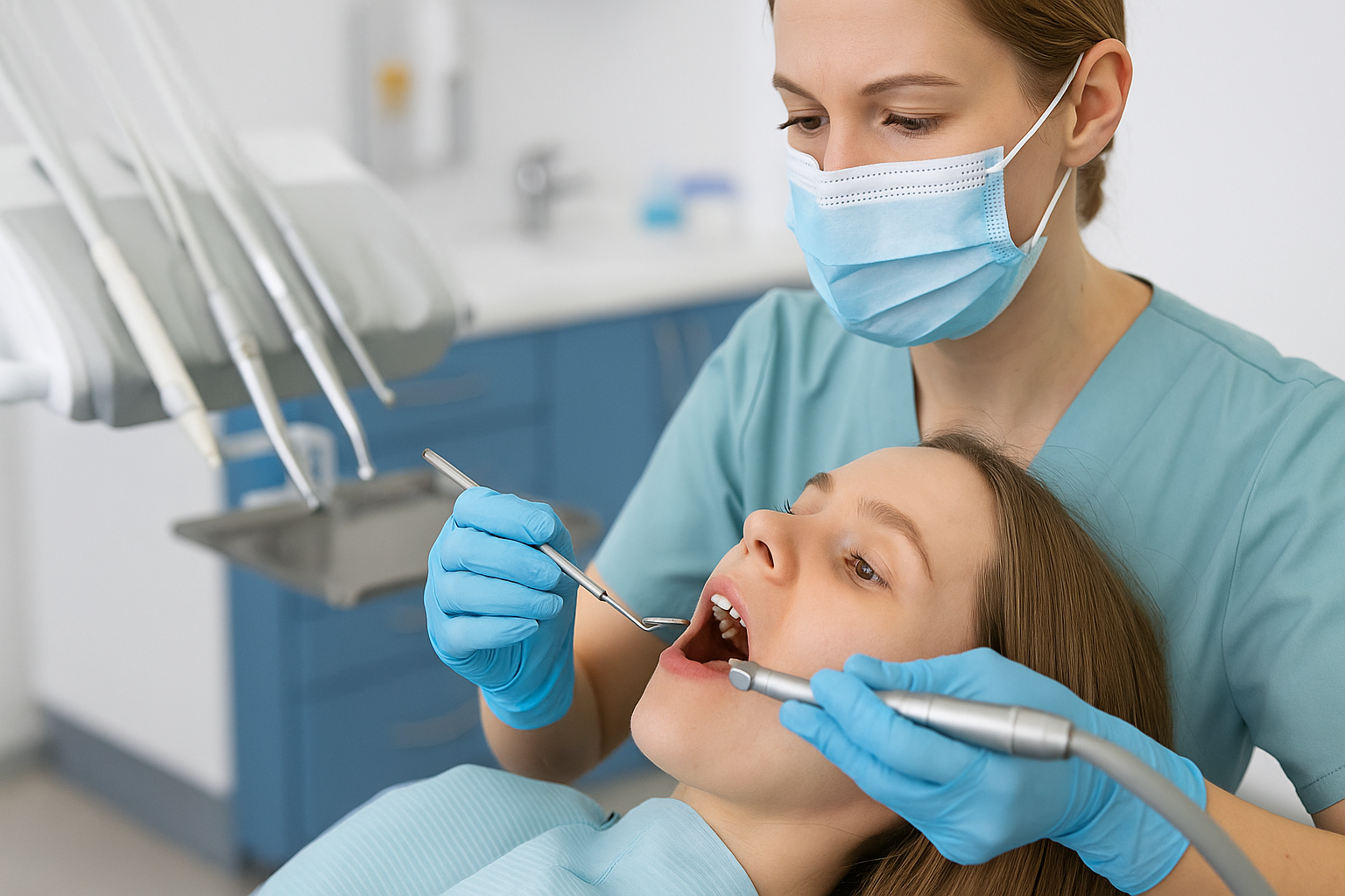 Tannlege behandler pasient i moderne klinikk med profesjonelt utstyr og fokusert arbeid under kontrollert prosedyre.