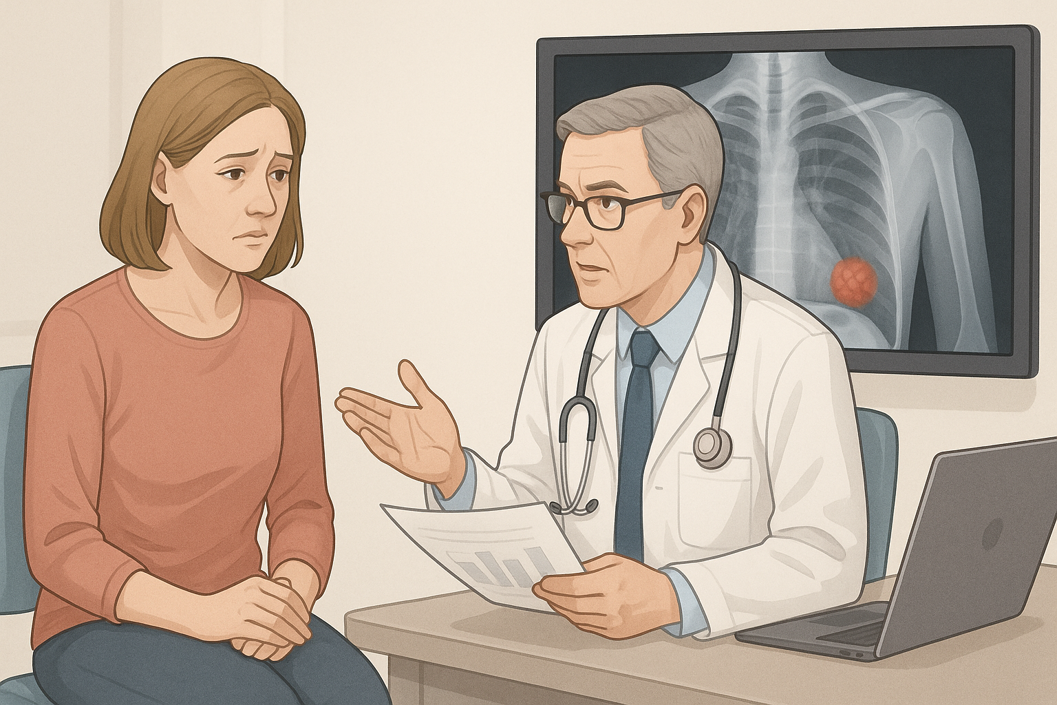 Legekonsultasjon om behandlingsmuligheter med røntgenbilde i bakgrunnen og alvorlig samtale mellom lege og pasient.