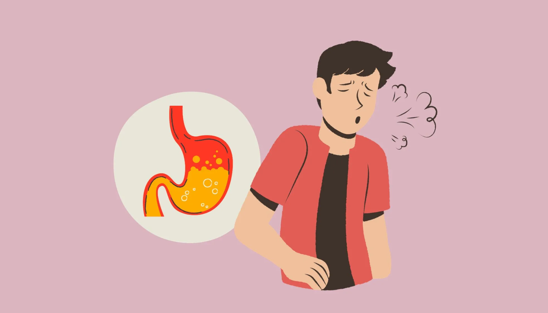 Illustrasjon av mann med halsbrann og ubehag, med bilde av magesyre som stiger opp i spiserøret ved siden av.
