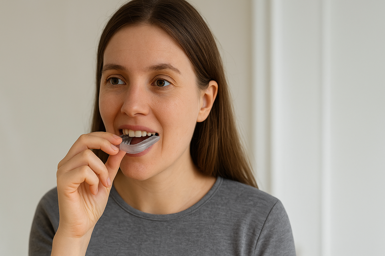 Kvinne med langt hår setter inn en gjennomsiktig biteskinne for å beskytte tennene mot tanngnissing og redusere kjevesmerter.