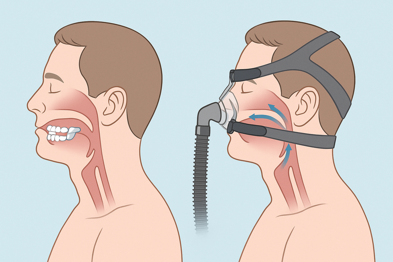 Sammenligning av søvnapnébehandling med tannsplint og CPAP-maskin, vist fra siden i anatomisk illustrasjon. alvorlig søvnapné per time blant annet redusere grunn personer hjelp livskvaliteten typer finnes nødvendig spesielt alkohol språk råd