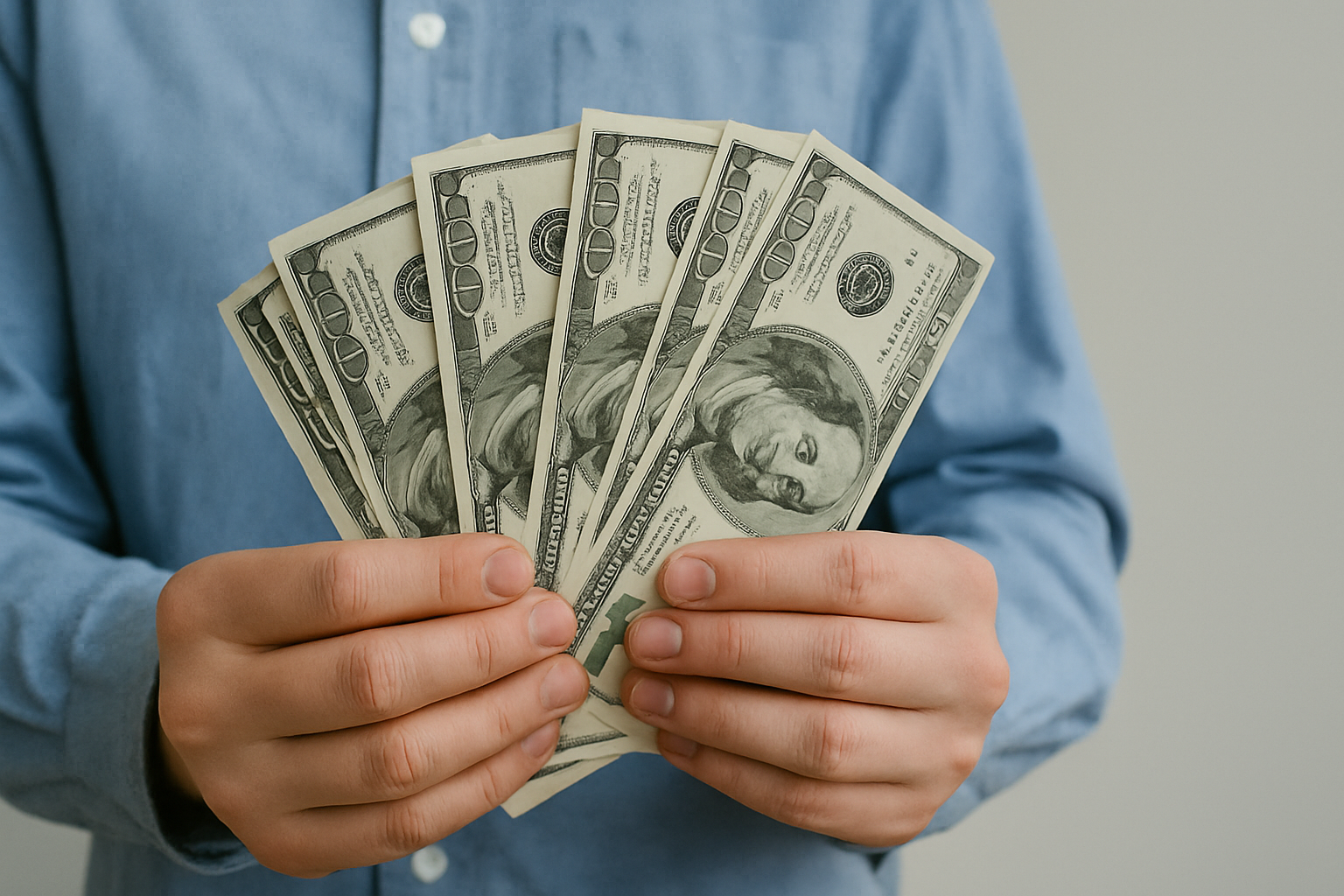 Person i blå skjorte holder en vifte med pengesedler, symboliserer økonomiske vurderinger og kostnadsfaktorer. må trekke forårsake problemer visdomstann mer informasjon mer andre unngå helt smerte litt normalt tennene