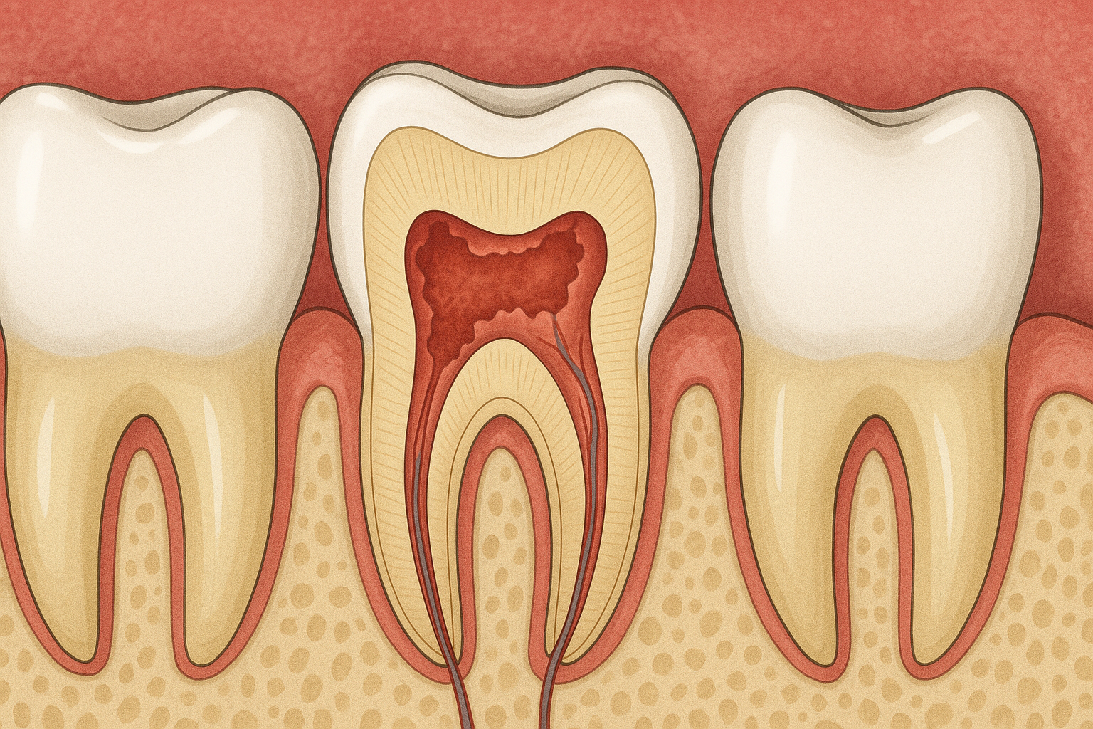 Tann med intern resorpsjon mellom friske tenner, vist i gjennomskåret snitt med tydelig skadet tannvev.