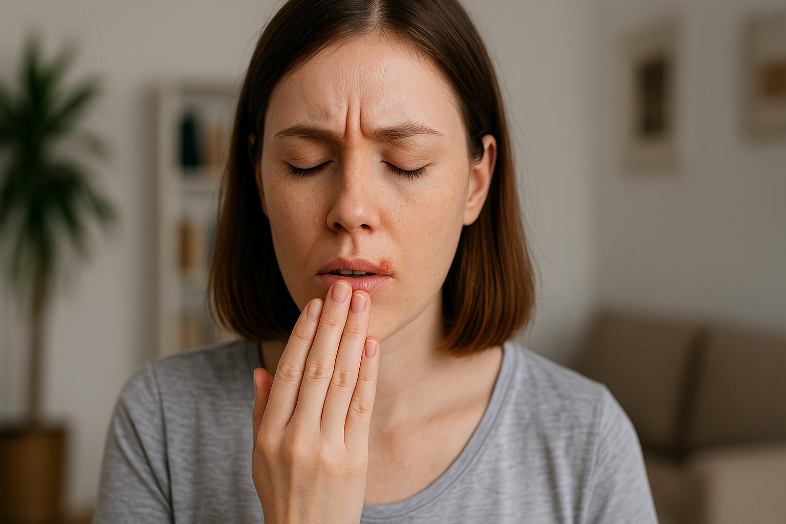 Kvinne med munnsår dekker leppene med hånden hjemme for å unngå å smitte andre under utbrudd. sist oppdatert munnsåret raskt løpet dager gjøre