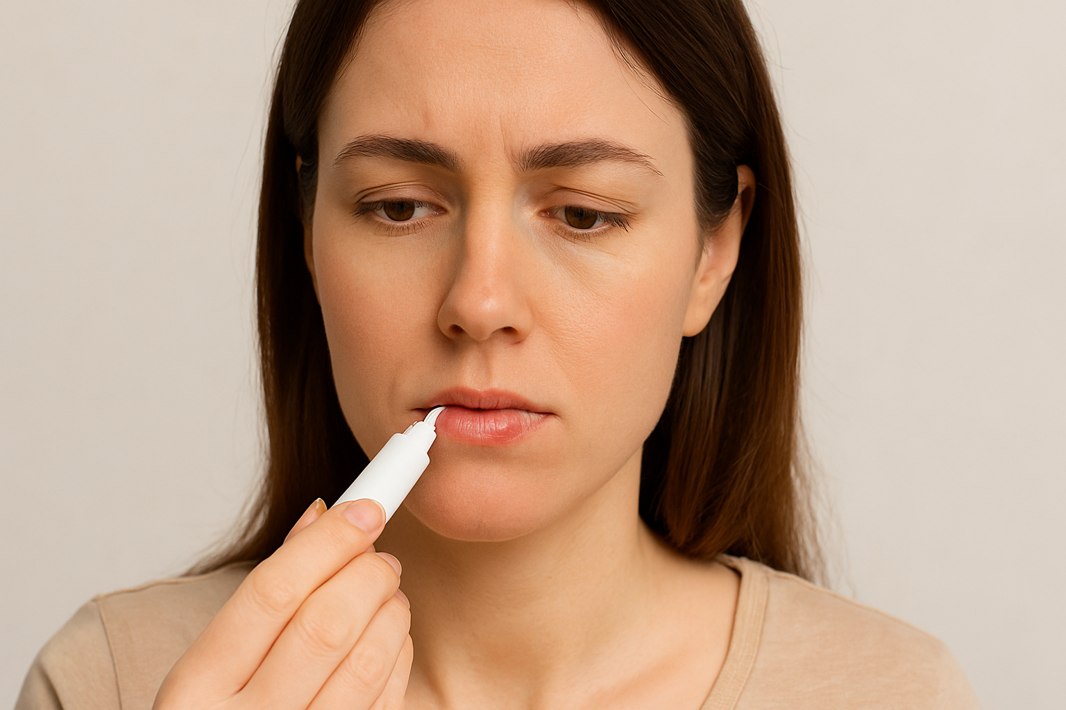 Ung kvinne påfører munnsalve forsiktig på leppen for å behandle et munnsår, med fokusert og rolig ansiktsuttrykk.