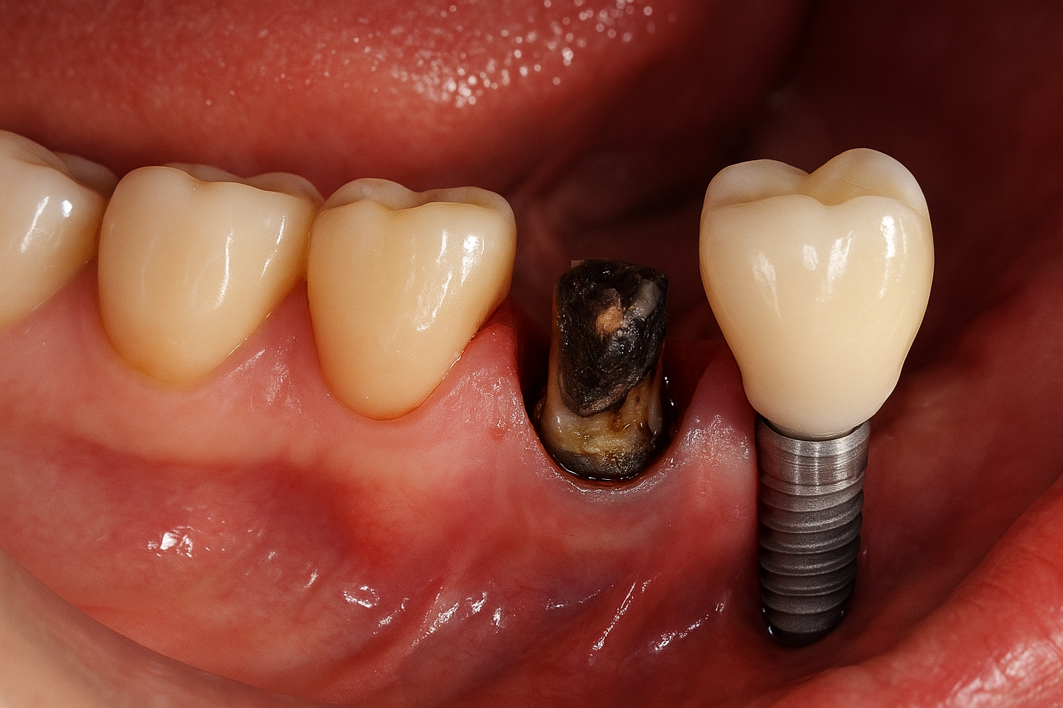 Nærbilde av en råtten tann ved siden av implantat og friske tenner som illustrerer behov for trekking og erstatning.