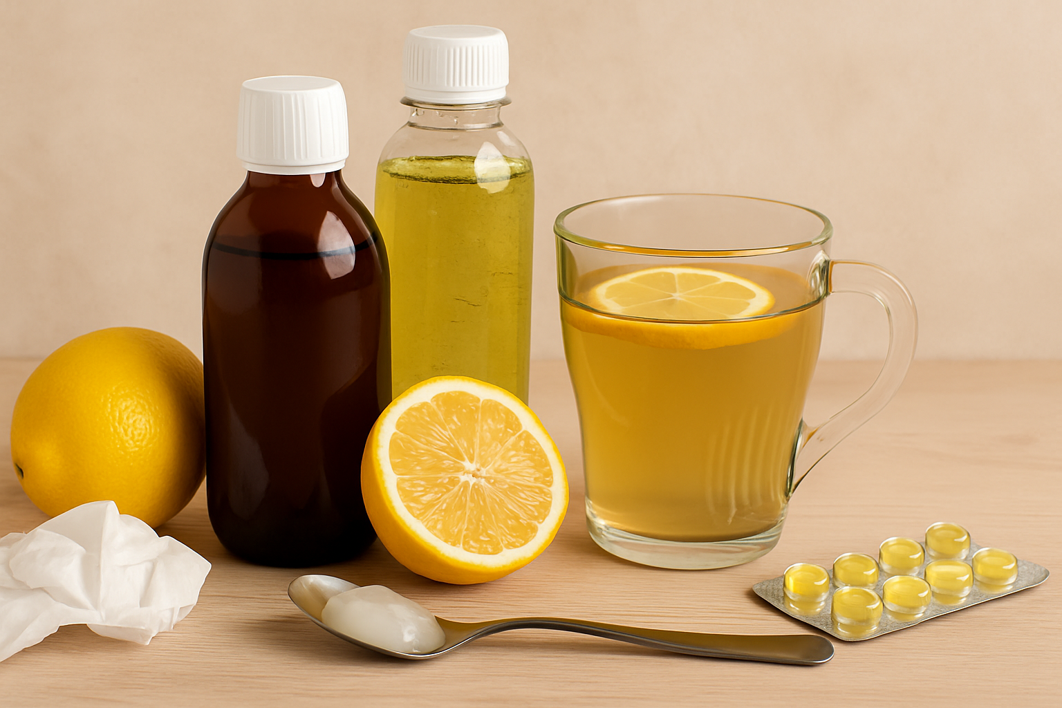 Naturlige og medisinske midler mot seigt slim, inkludert sitron, hostesaft, kapsler og varm drikke på bord.