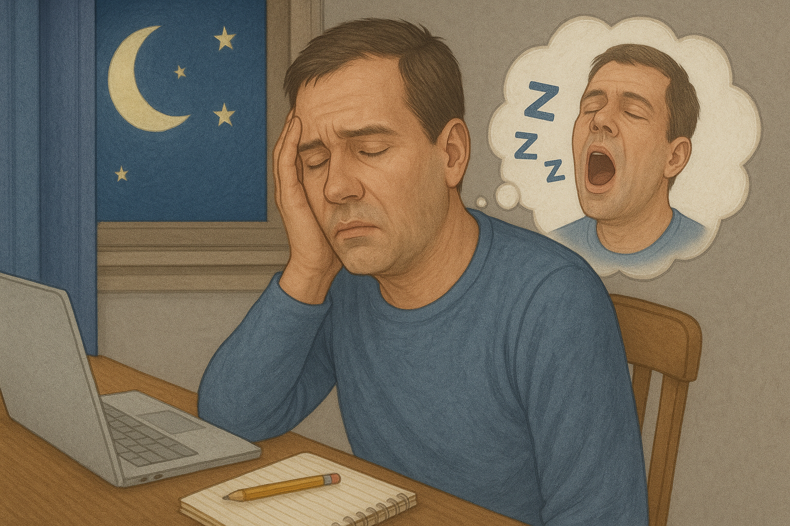 Trett mann ved skrivebord om natten med tanker om søvn – viser tegn på at han bør få en søvnvurdering.