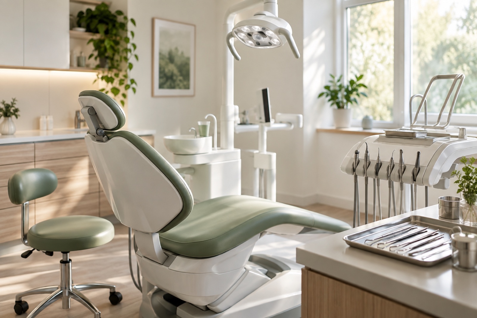 Illustrasjonsfoto av en lys moderne tannklinikk med behandlingsstol og instrumenter