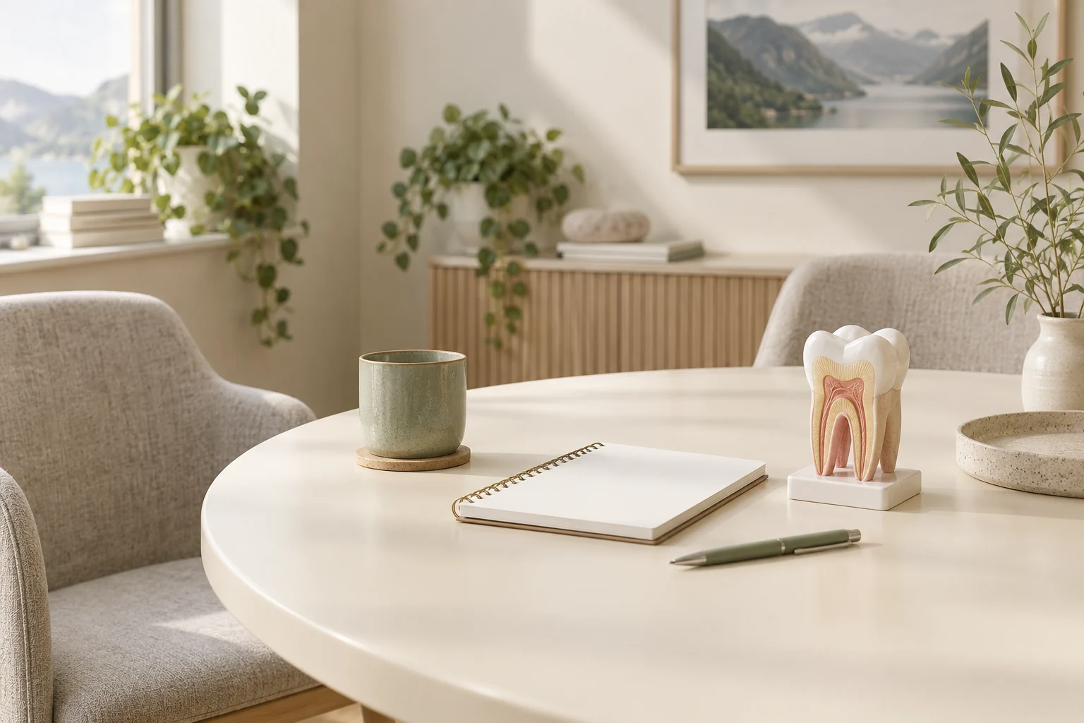 Illustrert konsultasjonsmiljø med blank notatbok og tannmodell, ikke klinikkens faktiske lokaler